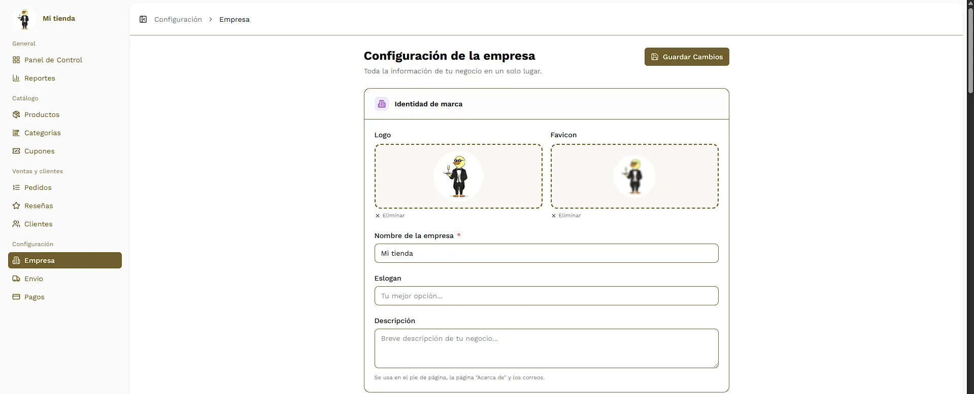 Panel de administración de Quack-Commerce: productos, categorías, pedidos y configuración de la empresa